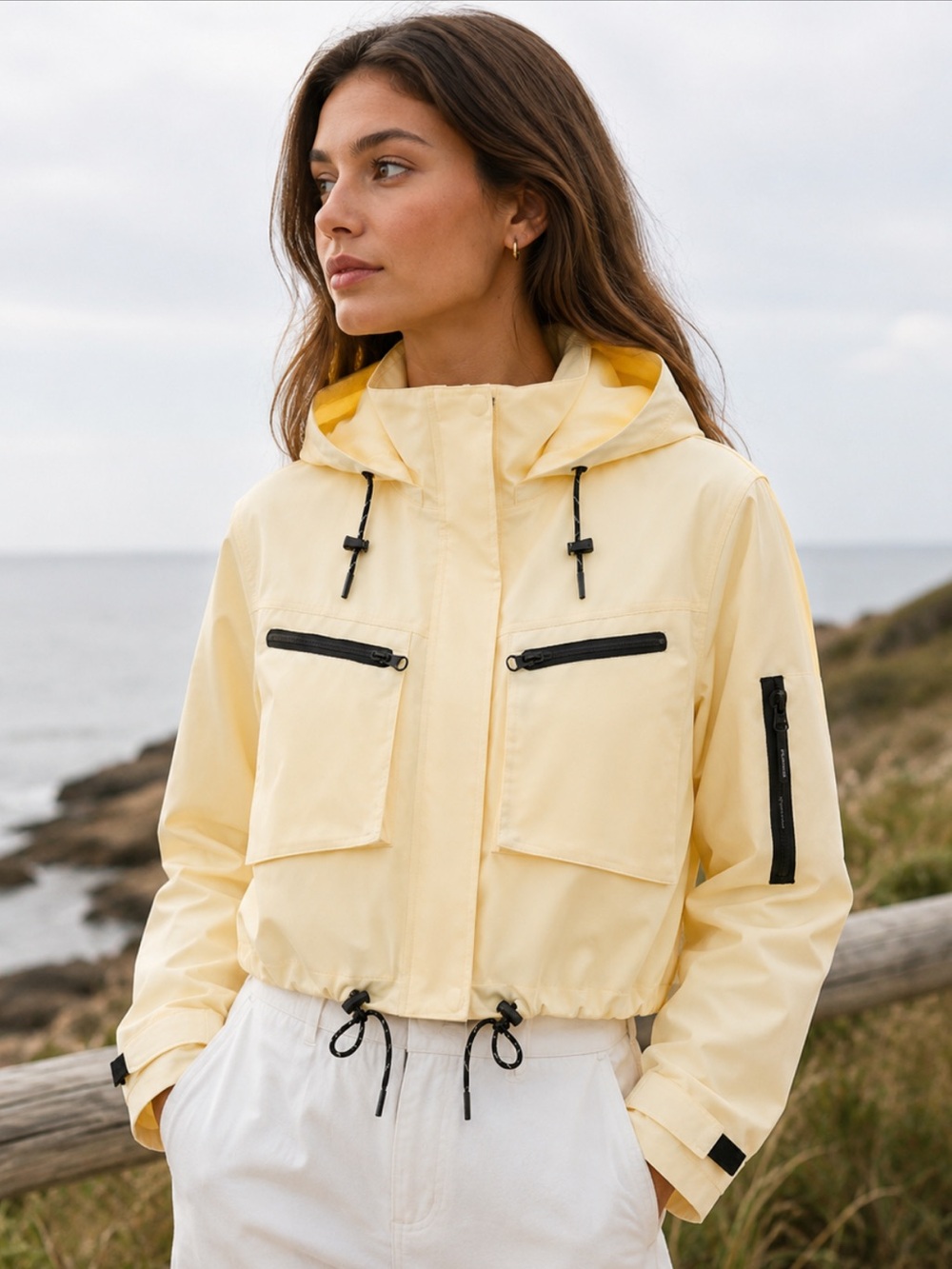 Funnel Neck Cropped Windbreaker Butter Cream Hooded Jacket Waterproof NWT Large